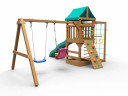 Детская площадка KD1-1 с зеленой горкой и крышей, 1 качели лодочка + 1 качели кубельковые